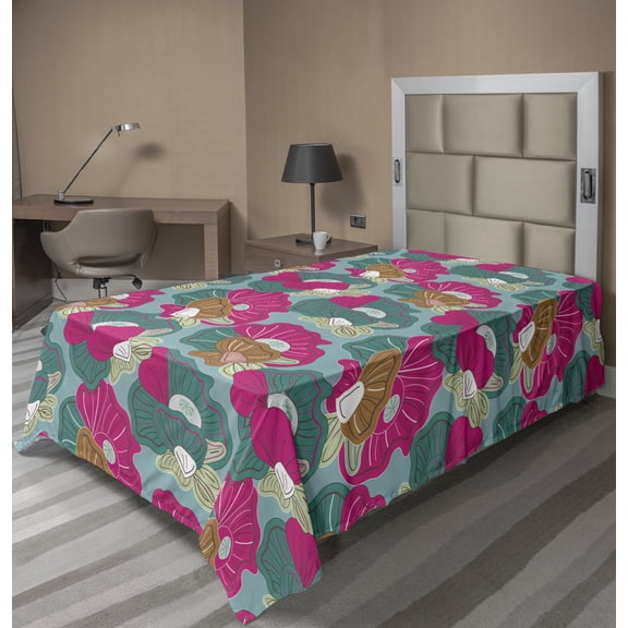 Ambesonne Floral Flat Sheet, Colorful Flower Patterns, Twin Size, Pale Teal Hot Pink