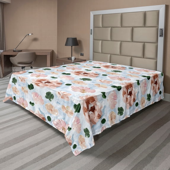 Ambesonne Floral Flat Bedding Sheet Soft Top Sheet, Oil Painting Wild Rose Print, California King, Pale Blue and Warm Taupe