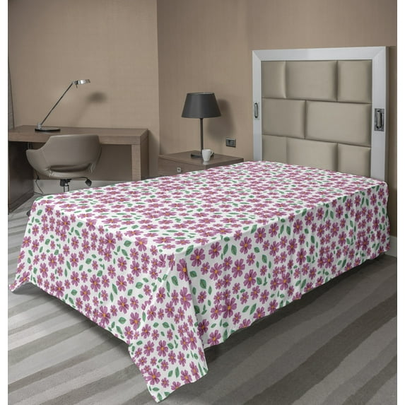 Ambesonne Floral Flat Sheet, Ornate Garden Flowers Leaves, Twin Size, Pale Fuchsia and Jade Green