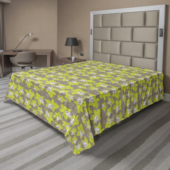 Floral Flat Sheet, Pastel Blossoming Petals Doodle Exotic Flora Fragrance Season Theme, Soft Comfortable Top Sheet Decorative Bedding 1 Piece, 6 Sizes, Yellow Green Cocoa White, by Ambesonne