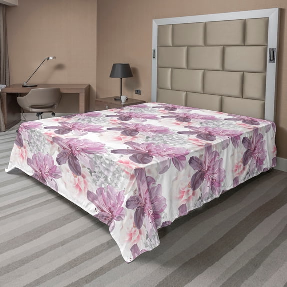Ambesonne Floral Flat Bedding Sheet Soft Top Sheet, Art Hydrangea Azelea Flowers, Full, Pale Eggplant Pastel Pink