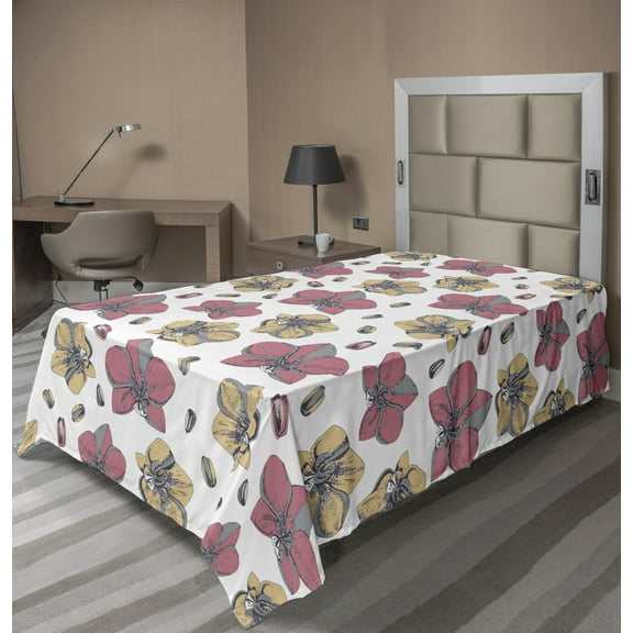 Floral Flat Sheet, Pastel Style Graphic Image Illustration of Detailed Orchid Flowers and Buds, Soft Comfortable Top Sheet Decorative Bedding 1 Piece, 6 Sizes, Multicolor, by Ambesonne