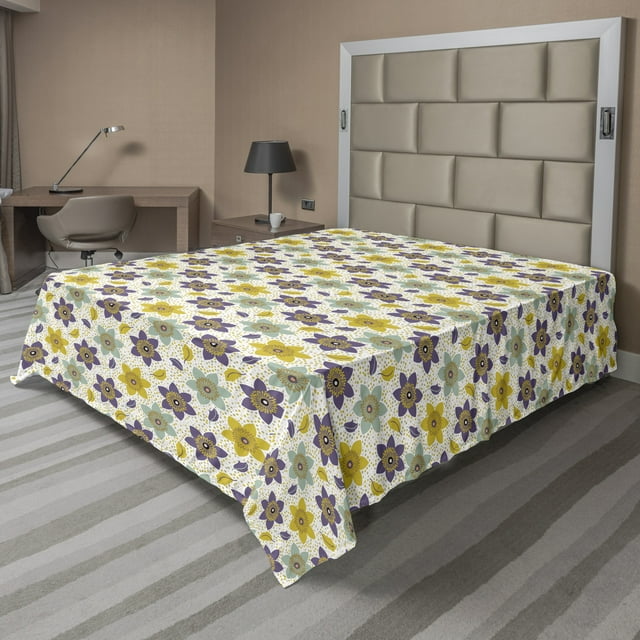 Floral Flat Sheet, Pattern with Irregular Dots and Flowers, Soft Comfortable Top Sheet Decorative Bedding 1 Piece, 6 Sizes, Multicolor, by Ambesonne