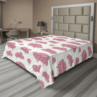Floral Flat Sheet, Peony Flowers with Dots on Background, Soft Comfortable Top Sheet Decorative Bedding 1 Piece, 6 Sizes, Pastel Pink Sage Green, by Ambesonne