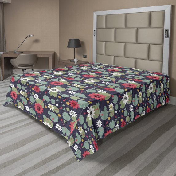 Ambesonne Floral Flat Sheet, Water Lilies Lotus on a Pond, Queen Size, Multicolor