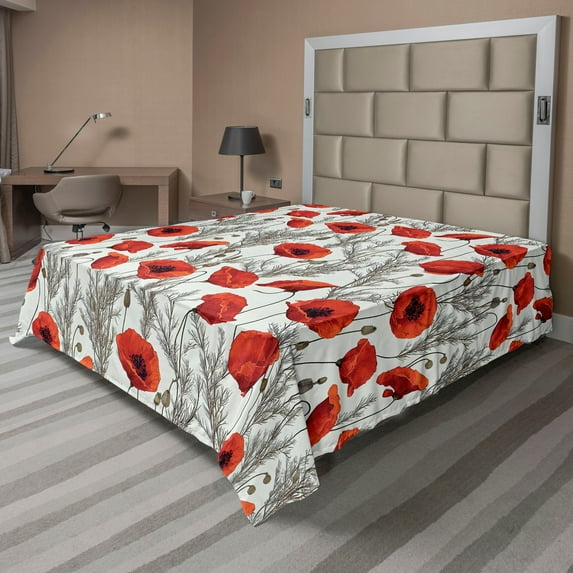 Ambesonne Floral Flat Bedding Sheet Soft Top Sheet, Poppy Flower Branches Print, California King, Vermilion Off White