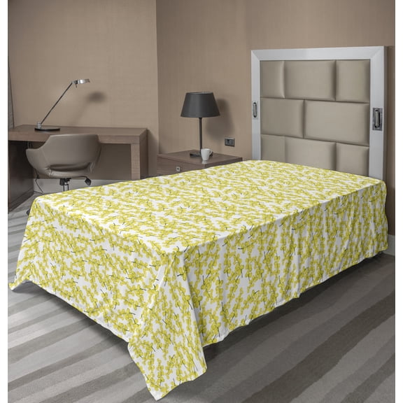 Ambesonne Floral Flat Sheet, Scattered Mimosa Flowers, TwinXL Size, Avocado Green White