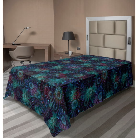 Floral Flat Sheet, Psychedelic Style Illusion Like Digital Drawn Flower Pattern Print Artwork, Soft Comfortable Top Sheet Decorative Bedding 1 Piece, Twin Size, Indigo Laurel Green, by Ambesonne