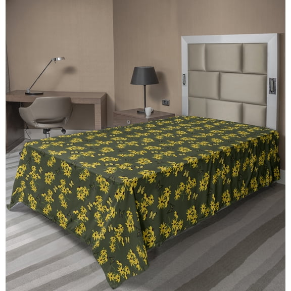 Floral Flat Sheet, Repeating Butterflies and Blossoming Rudbeckia Flowers in Dark Tones Print, Soft Comfortable Top Sheet Decorative Bedding 1 Piece, 6 Sizes, Army Green Yellow, by Ambesonne
