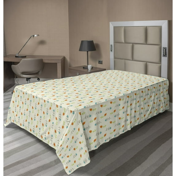 Floral Flat Sheet, Repeating Simplistic Romantic Flowers Arrangement Print, Soft Comfortable Top Sheet Decorative Bedding 1 Piece, 6 Sizes, Multicolor, by Ambesonne