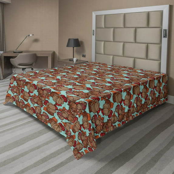 Ambesonne Floral Flat Sheet, Warm Tone Burgeoning Peonies, King Size, Seafoam Vermilion