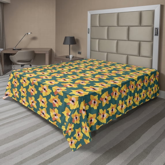 Floral Flat Sheet, Repetitive Pattern Abstract Flower Motifs Designed in Warm Tones Art Print, Soft Comfortable Top Sheet Decorative Bedding 1 Piece, 6 Sizes, Teal and Multicolor, by Ambesonne