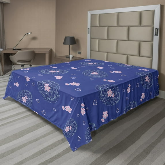 Ambesonne Floral Flat Sheet, Easter Eggs Flowers Hearts, Queen Size, Violet Pale Pink