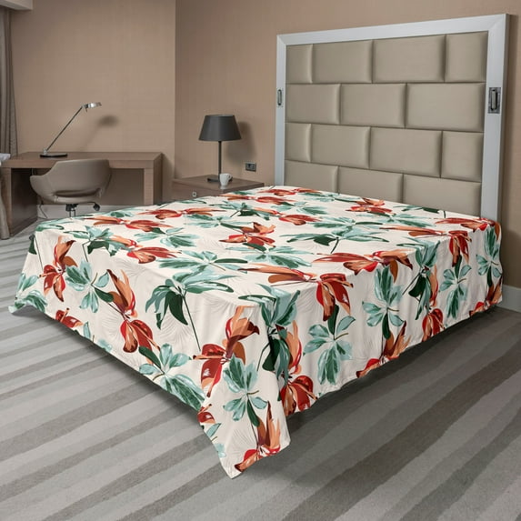 Ambesonne Floral Flat Bedding Sheet Soft Top Sheet, Retro Botany Exotic Leaves, King, Pale Rust Seafoam Emerald