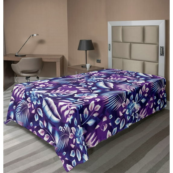Ambesonne Floral Flat Bedding Sheet Soft Top Sheet, Tropical Forest Leafy Art, Twin XL, Quartz Indigo and Soft Blue