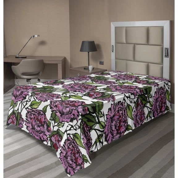 Floral Flat Sheet, Rhythmic Bold Sketch of Peonies Leaves on Plain Backdrop Illustration, Soft Comfortable Top Sheet Decorative Bedding 1 Piece, 6 Sizes, Baby Pink and Lime Green, by Ambesonne