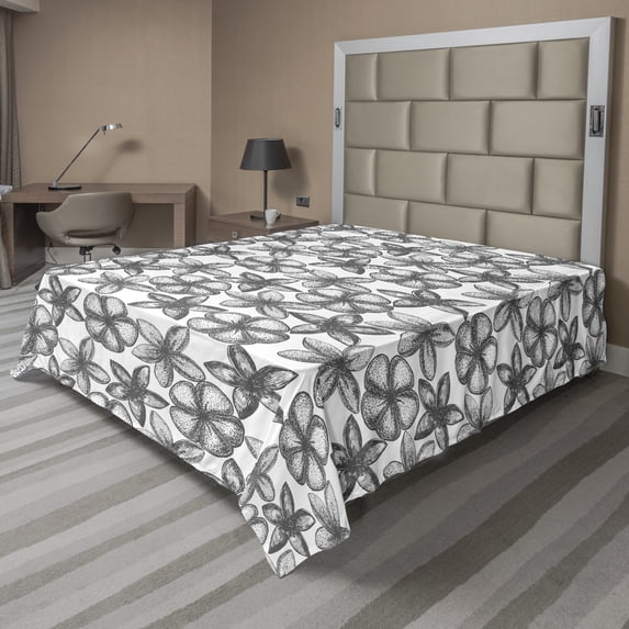 Floral Flat Sheet, Rhythmic Charcoal Sketch Look Hand Drawn Flowers on Plain Backdrop Illustration, Soft Comfortable Top Sheet Decorative Bedding 1 Piece, 6 Sizes, White and Grey, by Ambesonne