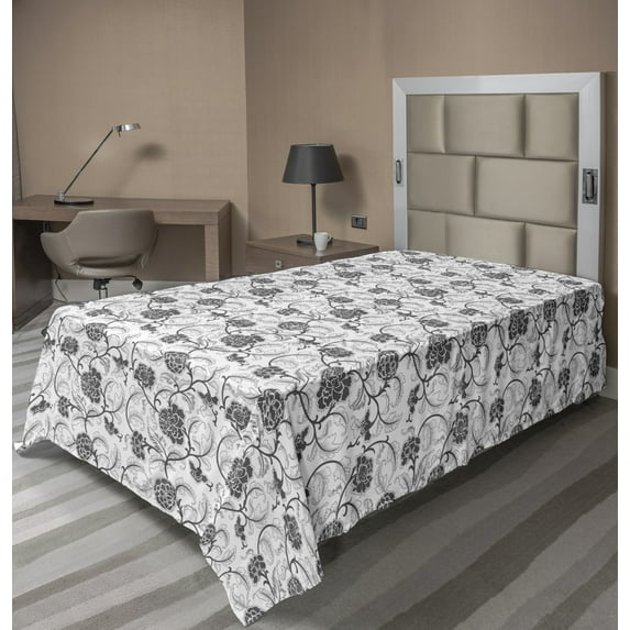 Floral Flat Sheet, Rhythmic Clove Flowers Greyscale Connected Leaves Peduncles Motifs Illustration, Soft Comfortable Top Sheet Decorative Bedding 1 Piece, 6 Sizes, White and Grey, by Ambesonne