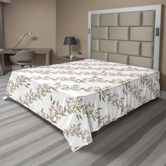 Floral Flat Sheet, Rhythmic Diagonal Flowers Hand Drawn Design Pattern Art on Plain Backdrop, Soft Comfortable Top Sheet Decorative Bedding 1 Piece, 6 Sizes, White and Dark Khaki, by Ambesonne
