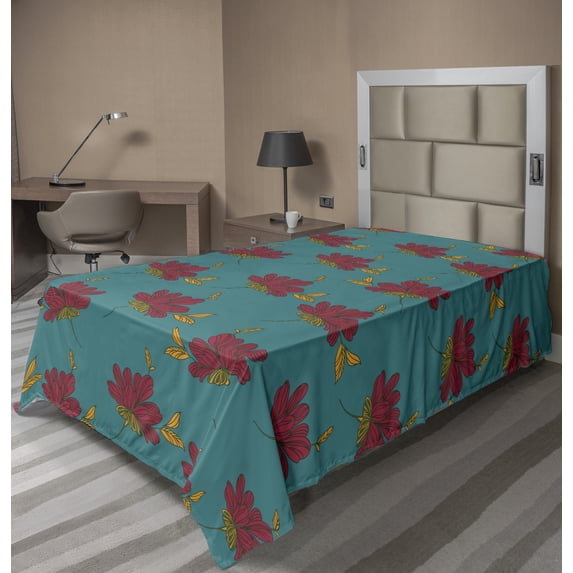 Ambesonne Floral Flat Sheet, Autumn Flower Leaves Art, TwinXL Size, Teal Dark Pink