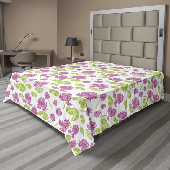 Floral Flat Sheet, Rhythmic Tropical Lotus Flowers Motifs Pattern on Plain Backdrop, Soft Comfortable Top Sheet Decorative Bedding 1 Piece, 6 Sizes, White Pink and Shamrock Green, by Ambesonne