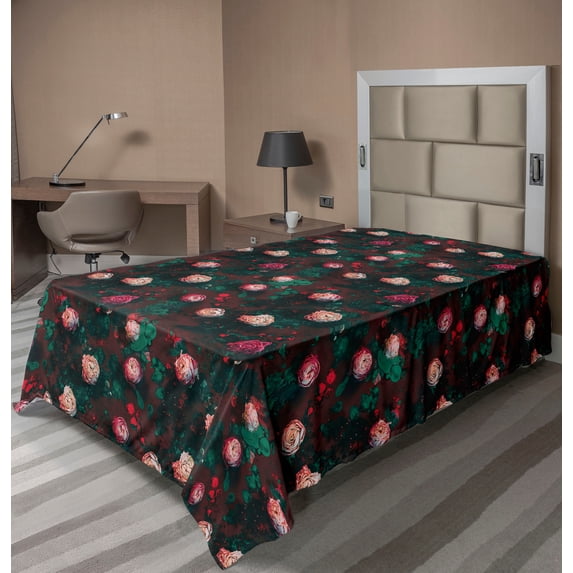 Ambesonne Floral Flat Bedding Sheet Soft Top Sheet, Romantic Dried Pinkish Roses, Twin XL, Hunter Green Redbrown