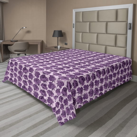 Ambesonne Floral Flat Sheet, Violet Tones Romantic Roses, King Size, Eggplant Mauve
