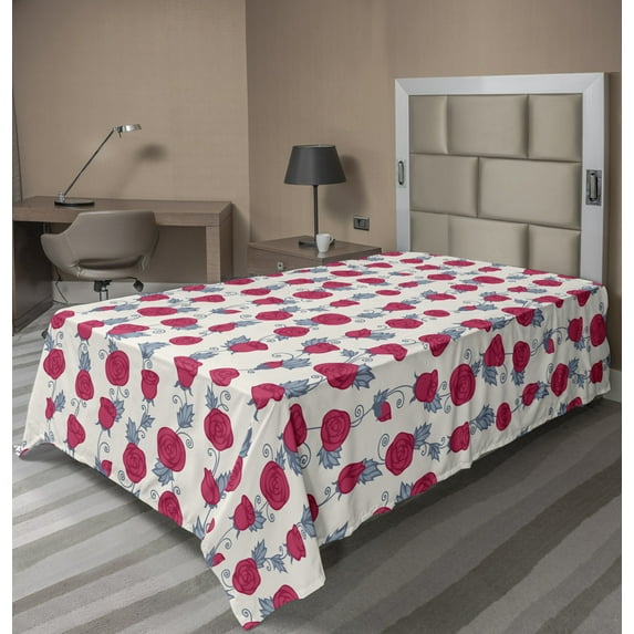 Floral Flat Sheet, Rose Bloom Branches Flourishing Retro Romantic Motif on Champagne Backdrop, Soft Comfortable Top Sheet Decorative Bedding 1 Piece, 6 Sizes, Dark Coral Blue Grey, by Ambesonne