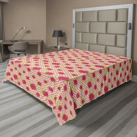 Floral Flat Sheet, Rose Flower Blossoms on Polka Dotted Background, Soft Comfortable Top Sheet Decorative Bedding 1 Piece, 6 Sizes, Coral Yellow Green, by Ambesonne