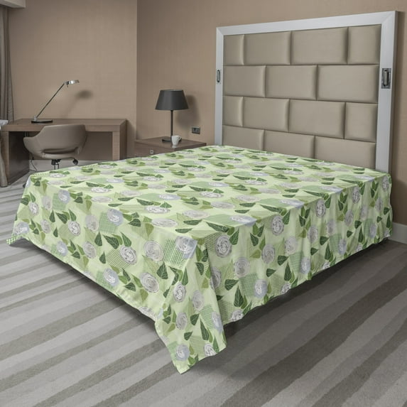 Floral Flat Sheet, Rose Flowers Colored in Pale Taupe and Green Leaves on Pastel Background Print, Soft Comfortable Top Sheet Decorative Bedding 1 Piece, 6 Sizes, Multicolor, by Ambesonne
