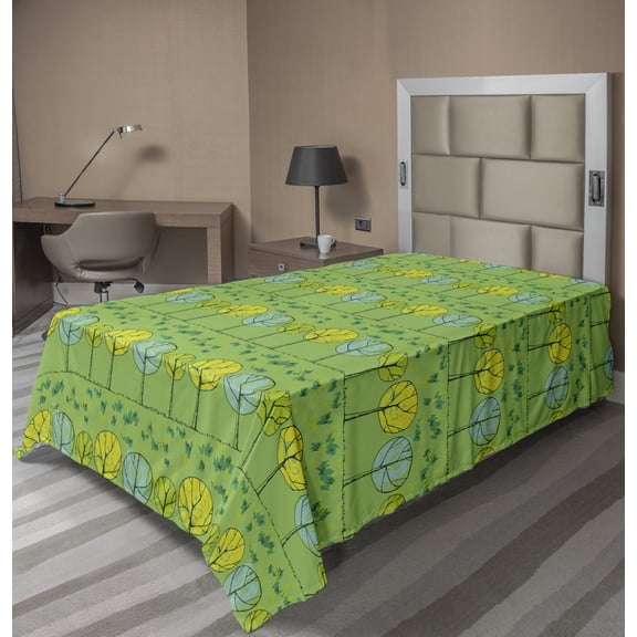 Floral Flat Sheet, Scribbled Trees and Grass in a Meadow Drawn by Hand, Soft Comfortable Top Sheet Decorative Bedding 1 Piece, 6 Sizes, Lime Green Multicolor, by Ambesonne
