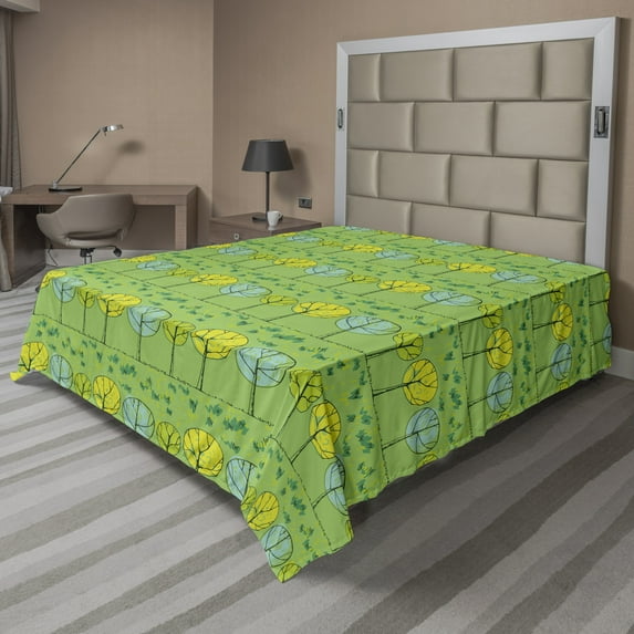 Ambesonne Floral Flat Sheet, Scribbled Trees and Grass, Full Size, Lime Green Multicolor