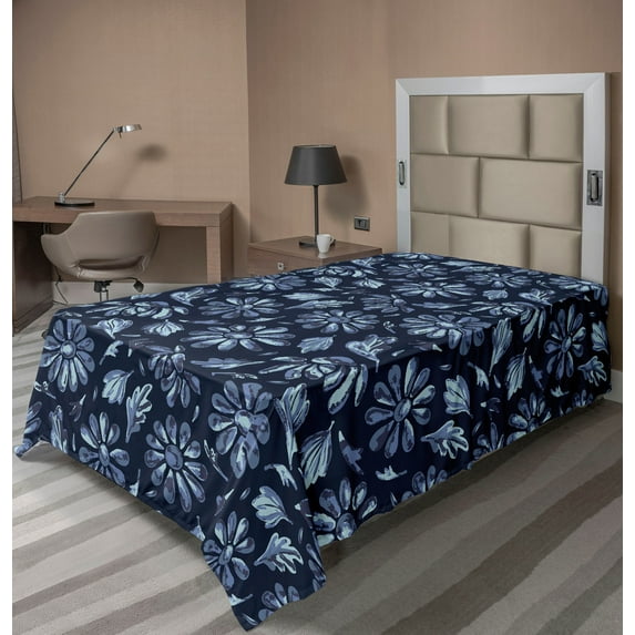 Ambesonne Floral Flat Bedding Sheet Soft Top Sheet, Simple Daisy Flowers Leaves, Twin, Ceil Blue Indigo