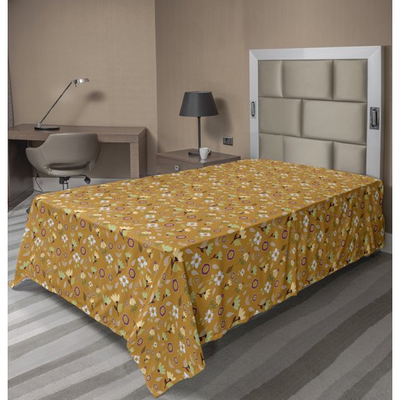 Floral Flat Sheet, Simplistically Drawn Handful of Meadow Flowers Rhythmic Pattern, Soft Comfortable Top Sheet Decorative Bedding 1 Piece, 6 Sizes, Dark Yellow Multicolor, by Ambesonne
