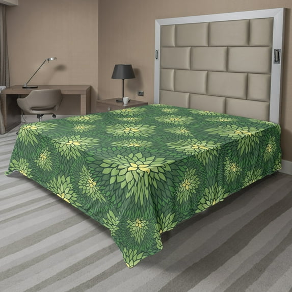 Floral Flat Sheet, Sketchy Doodle Outline Ornamental Pattern in Green and Yellow Shades, Soft Comfortable Top Sheet Decorative Bedding 1 Piece, 6 Sizes, Pale Yellow Sea Green, by Ambesonne
