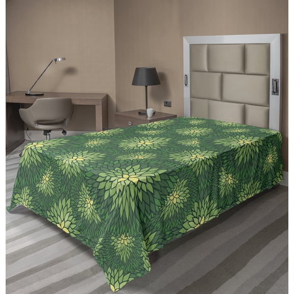 Floral Flat Sheet, Sketchy Doodle Outline Ornamental Pattern in Green and Yellow Shades, Soft Comfortable Top Sheet Decorative Bedding 1 Piece, 6 Sizes, Pale Yellow Sea Green, by Ambesonne