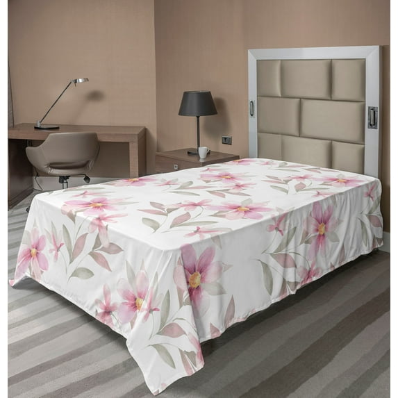 Ambesonne Floral Flat Bedding Sheet Soft Top Sheet, Soft Floral Art Garden Print, Twin XL, Pastel Pink and Sage Green
