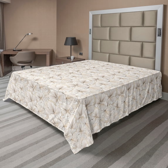 Ambesonne Floral Flat Bedding Sheet Soft Top Sheet, Spring Flower Pattern Print, California King, Tan Dark Tan Eggshell