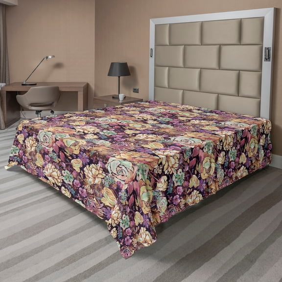 Ambesonne Floral Flat Bedding Sheet Soft Top Sheet, Art of Spring Flowers Garden, California King, Dark Purple Amber