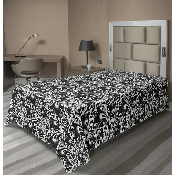 Ambesonne Floral Flat Sheet, Swirls and Drops, TwinXL Size, Seal Brown White