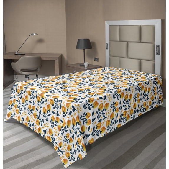 Floral Flat Sheet, Summer Flowers with Repeated Petals and Leaves on Plain Background, Soft Comfortable Top Sheet Decorative Bedding 1 Piece, 6 Sizes, White Orange and Petrol Blue, by Ambesonne