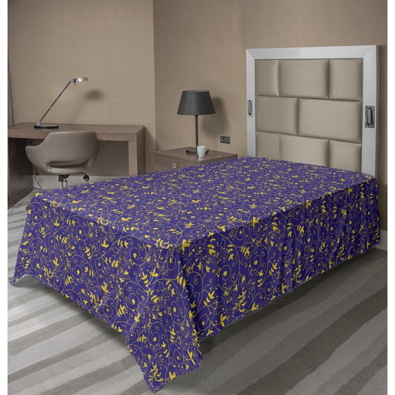 Ambesonne Floral Flat Sheet, Leaves and Branches Swirls, Twin Size, Quartz and Yellow