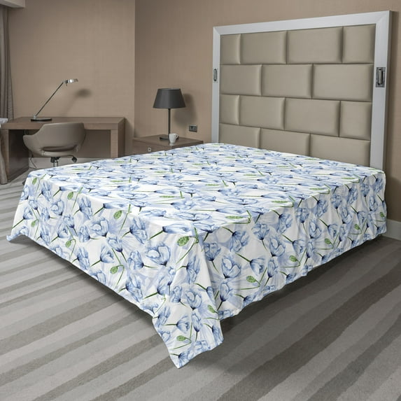 Ambesonne Floral Flat Bedding Sheet Soft Top Sheet, Blue Tender Romantic Flowers, Full, Pale Sky Blue Green and White