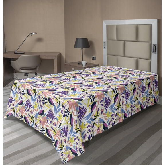 Floral Flat Sheet, Tropical Botany Leaves Flowers Scandinavian Pattern, Soft Comfortable Top Sheet Decorative Bedding 1 Piece, 6 Sizes, Multicolor, by Ambesonne