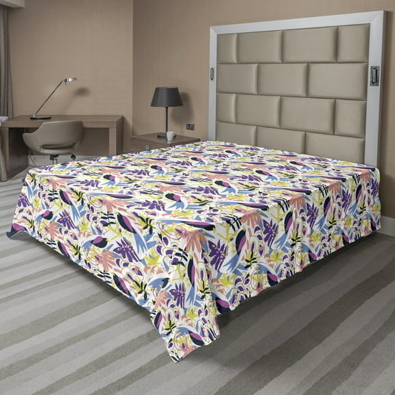 Floral Flat Sheet, Tropical Botany Leaves Flowers Scandinavian Pattern, Soft Comfortable Top Sheet Decorative Bedding 1 Piece, 6 Sizes, Multicolor, by Ambesonne