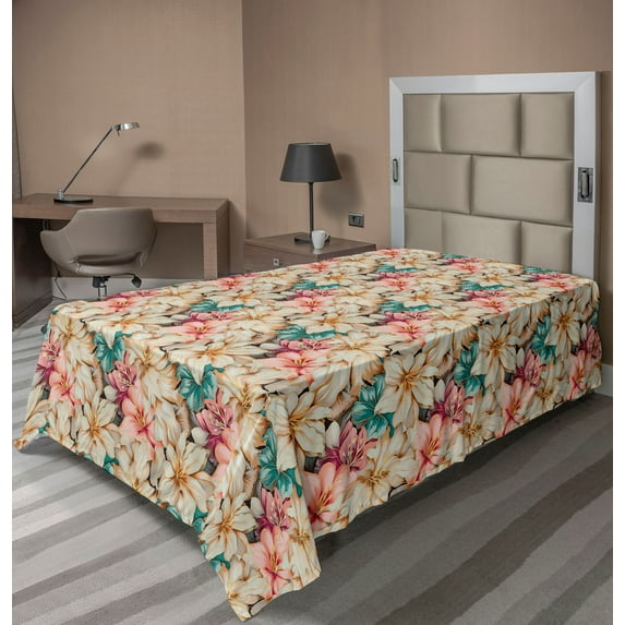 Ambesonne Floral Flat Bedding Sheet Soft Top Sheet, Vintage Lily Flower Pattern, Twin, Almond Rose Turquoise