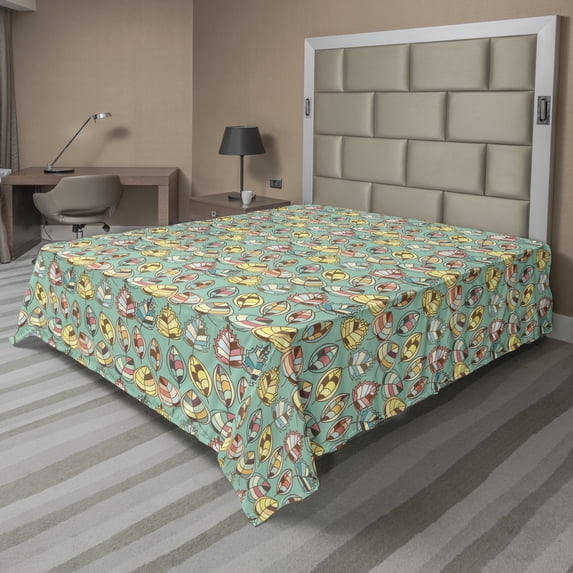 Floral Flat Sheet, Various Pattern Design Ornamental Colorful Leaves Illustration, Soft Comfortable Top Sheet Decorative Bedding 1 Piece, 6 Sizes, Dark Seafoam and Multicolor, by Ambesonne