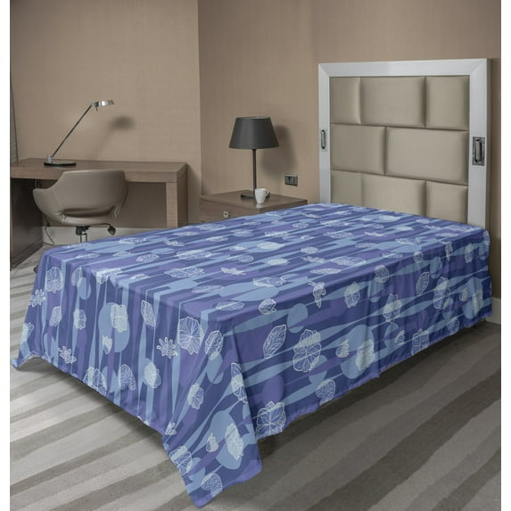 Floral Flat Sheet, Vertical Strips and Blots with Flower, Soft Comfortable Top Sheet Decorative Bedding 1 Piece, 6 Sizes, Ceil Blue Dark Violet, by Ambesonne