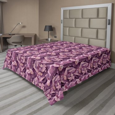 Floral Flat Sheet, Vertical Wavy Pattern of Spring Flowers in Vintage Style and Pink Toned Monochrome, Soft Comfortable Top Sheet Decorative Bedding 1 Piece, 6 Sizes, Multicolor, by Ambesonne