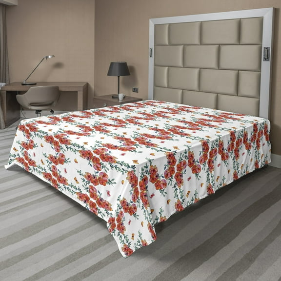 Floral Flat Sheet, Vertically Flowing Spring Tones Watercolor Style Like Painted Flowers, Soft Comfortable Top Sheet Decorative Bedding 1 Piece, 6 Sizes, Salmon White and Green, by Ambesonne